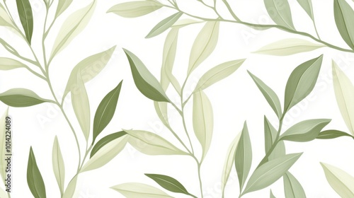 Seamless pattern of olive branches in soft sage green against a white background, ideal for minimalist design and decor