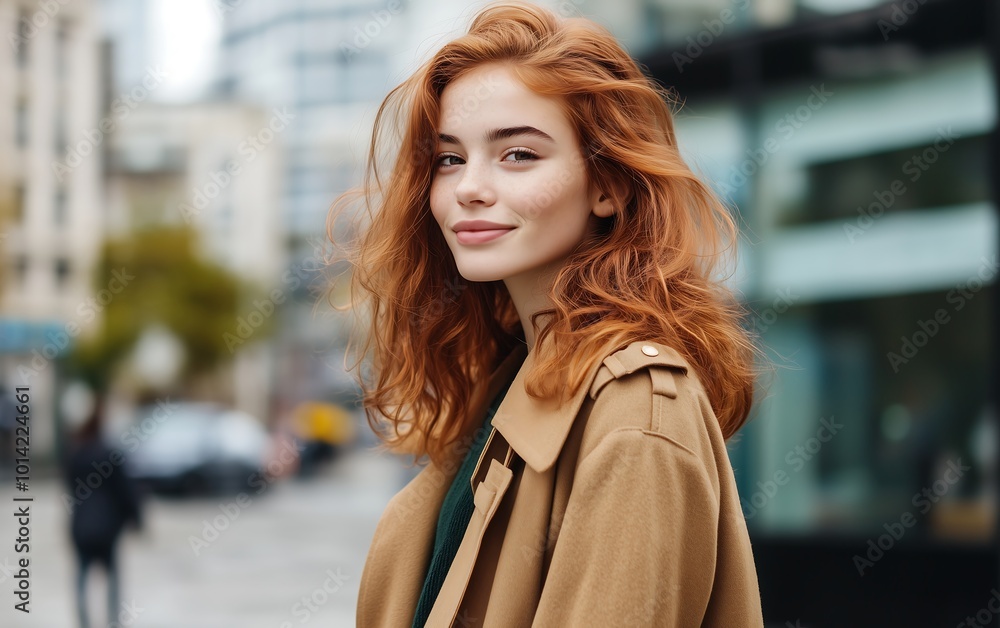 A stylish young woman with curly red hair smiles confidently, standing in an urban setting, showcasing a fashionable outfit. A stylish young woman with curly red hair smiles confidently, standing in an urban setting, showcasing a fashionable outfit.