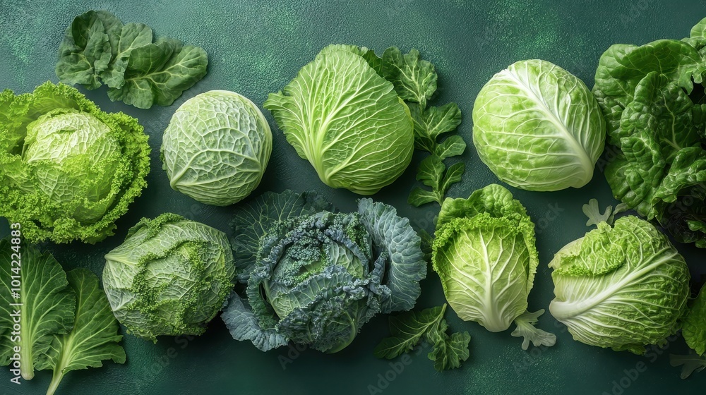 Fototapeta premium Various fresh raw fresh cabbage leaves isolated on a natural green background.