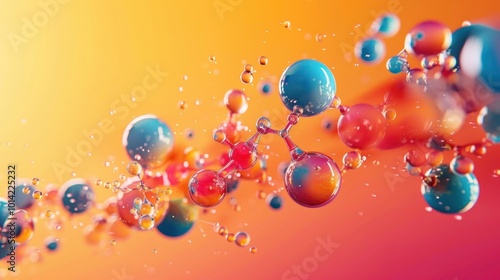 Vibrant and dynamic abstract composition featuring fluid bubbles spherical elements and other flowing energetic forms in a vivid chromatic visual of motion science and experimental digital design