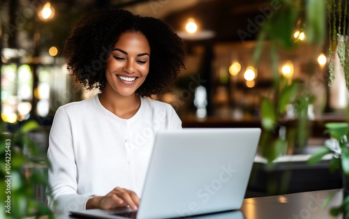 A woman smiles while working on a laptop in a cozy café filled with plants and warm lighting.