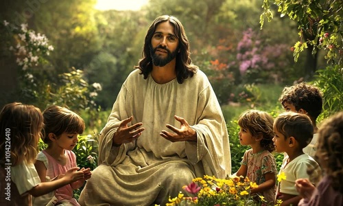 Artistic depiction of Jesus Christ with a group of young happy children
