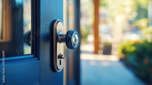 Smart lock installation on a modern front door, with a focus on security and technology, while tools in the background are softly blurred.