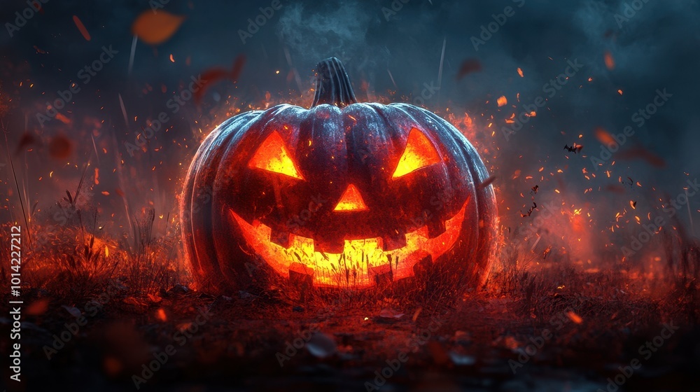 Fototapeta premium Spooky halloween pumpkin sky concept art illustration