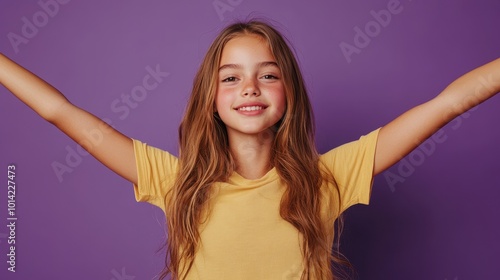 Wallpaper Mural Photo of nice charming young girl posing empty space isolated on violet color background Torontodigital.ca