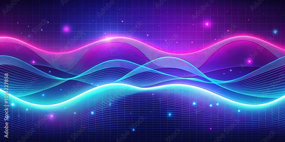 Obraz premium Neon Blue and Pink Wave Pattern Overlapping on a Dark Grid Background with Glowing Dots