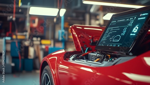A red sports car with the hood open is being diagnosed by a technician in a workshop.
