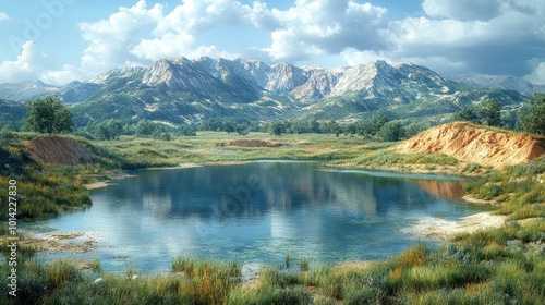 Serene landscape with mountains, lake, and lush greenery.