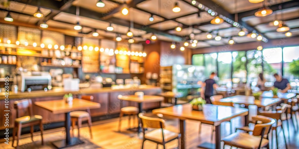 Blurred Interior View of a Coffee Shop with Wooden Tables and Chairs, Natural Light Filtering Through Windows Blurred Interior View of a Coffee Shop with Wooden Tables and Chairs, Natural Light Filtering Through Windows