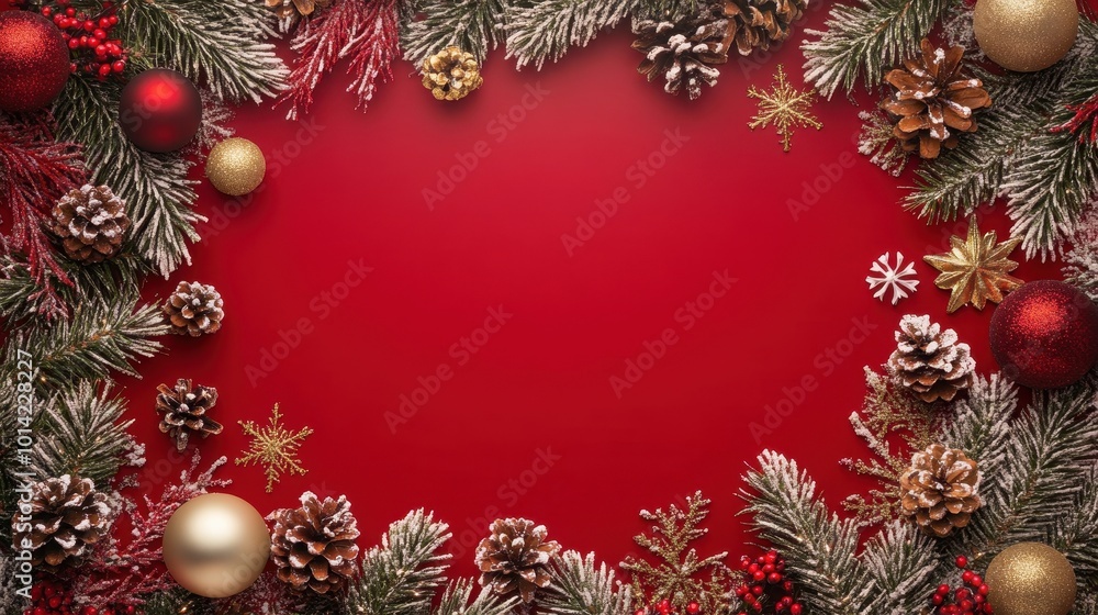 Creative christmas framei on red background. Xmas and New Year holiday, banner, postcard, invitation, celebration. Flat lay, top view Creative christmas framei on red background. Xmas and New Year holiday, banner, postcard, invitation, celebration. Flat lay, top view