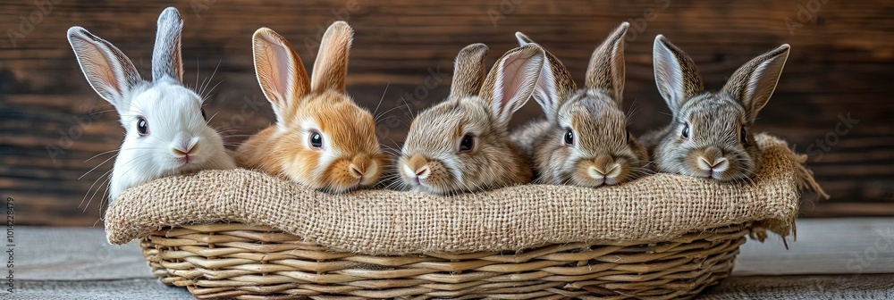 Fototapeta premium Playful, adorable bunnies in a basket, cute, pets, 