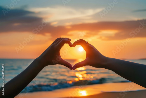 Hands Forming a Heart Shape Against a Sunset Beach Background Overlooking the Tranquil Sea