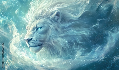 A majestic white lion with piercing blue eyes emerges from a cloud of shimmering light and sparkles. photo