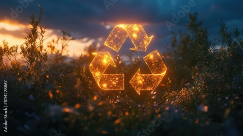 Illuminated Recycling Symbol Set Against a Natural Landscape at Dusk for Eco-Friendly and Sustainable Awareness