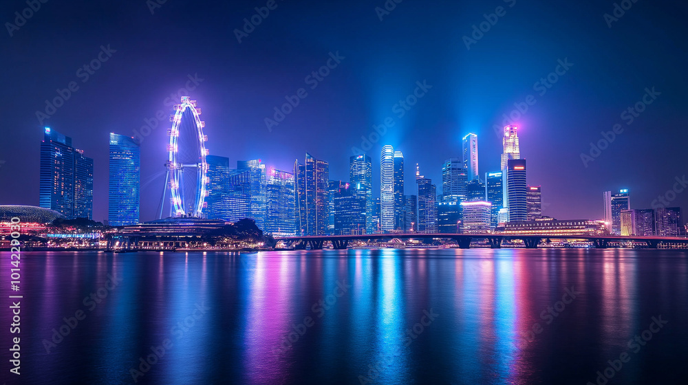 Fototapeta premium Landmark Lighting, a nighttime view of iconic buildings beautifully illuminated, with copy space, World Architecture Day