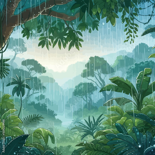 Tropical forest during a rainstorm, with heavy raindrops illustration 