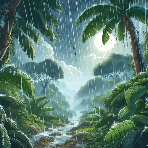 Tropical forest during a rainstorm, with heavy raindrops illustration 