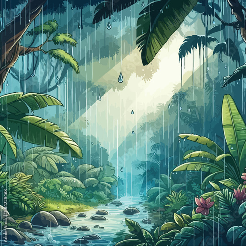 Tropical forest during a rainstorm, with heavy raindrops illustration 