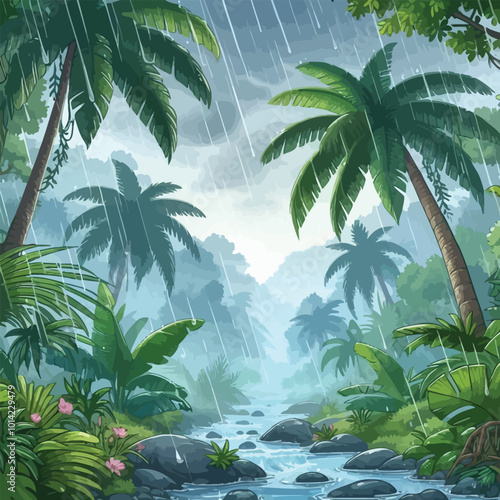 Tropical forest during a rainstorm, with heavy raindrops illustration 