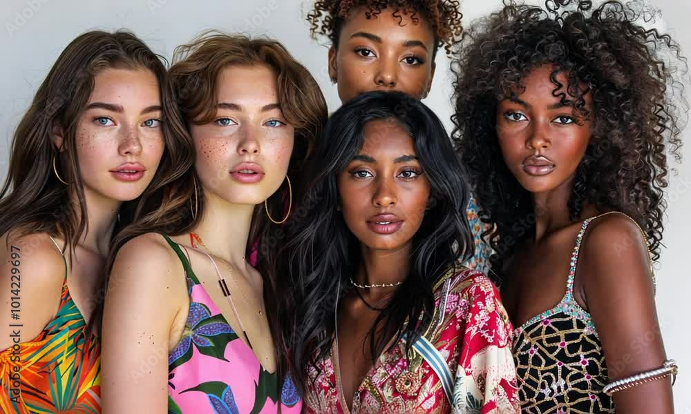 Diverse Beauty: A group of five diverse women stand close together, smiling confidently, showcasing their unique beauty and embracing individuality. Diverse Beauty: A group of five diverse women stand close together, smiling confidently, showcasing their unique beauty and embracing individuality.