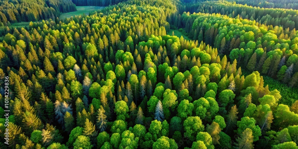 An aerial perspective showcasing a diverse woodland ecosystem, with verdant trees forming a vibrant tapestry under a golden sun An aerial perspective showcasing a diverse woodland ecosystem, with verdant trees forming a vibrant tapestry under a golden sun