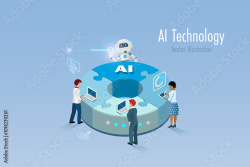 AI technology in business workflow. AI robot assist businessman team working and analyzing data with smart solution on connected jigsaw puzzles. Smart and success business solution. Vector.