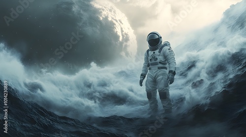 Hostile Arrival. A futuristic spaceman arrives onto a stormy planet surface. Conceptual 3D illustration. 