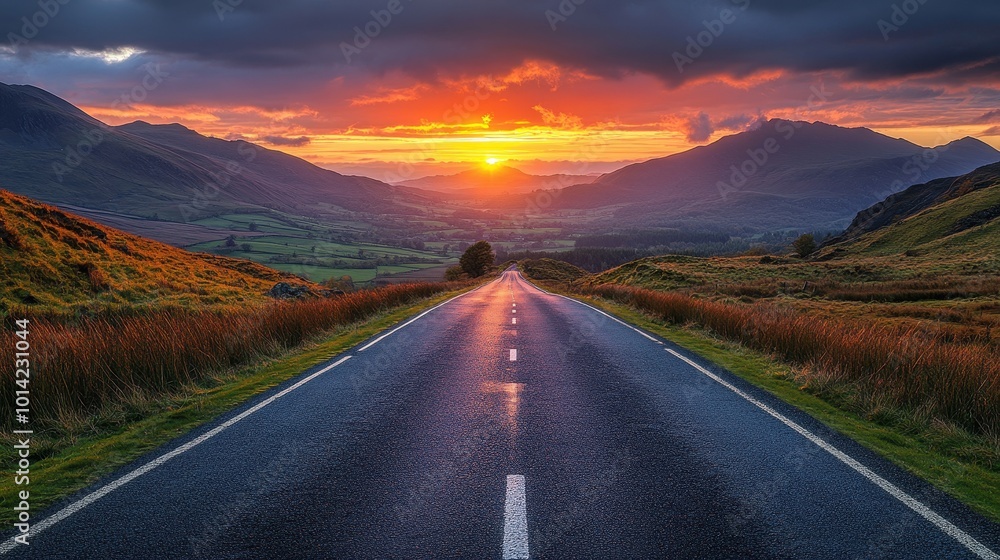 Lake District Panorama Photo with Road stretching out into the Distance. Beautiful Mountain Scene at Sunset. Lake District Panorama Photo with Road stretching out into the Distance. Beautiful Mountain Scene at Sunset.