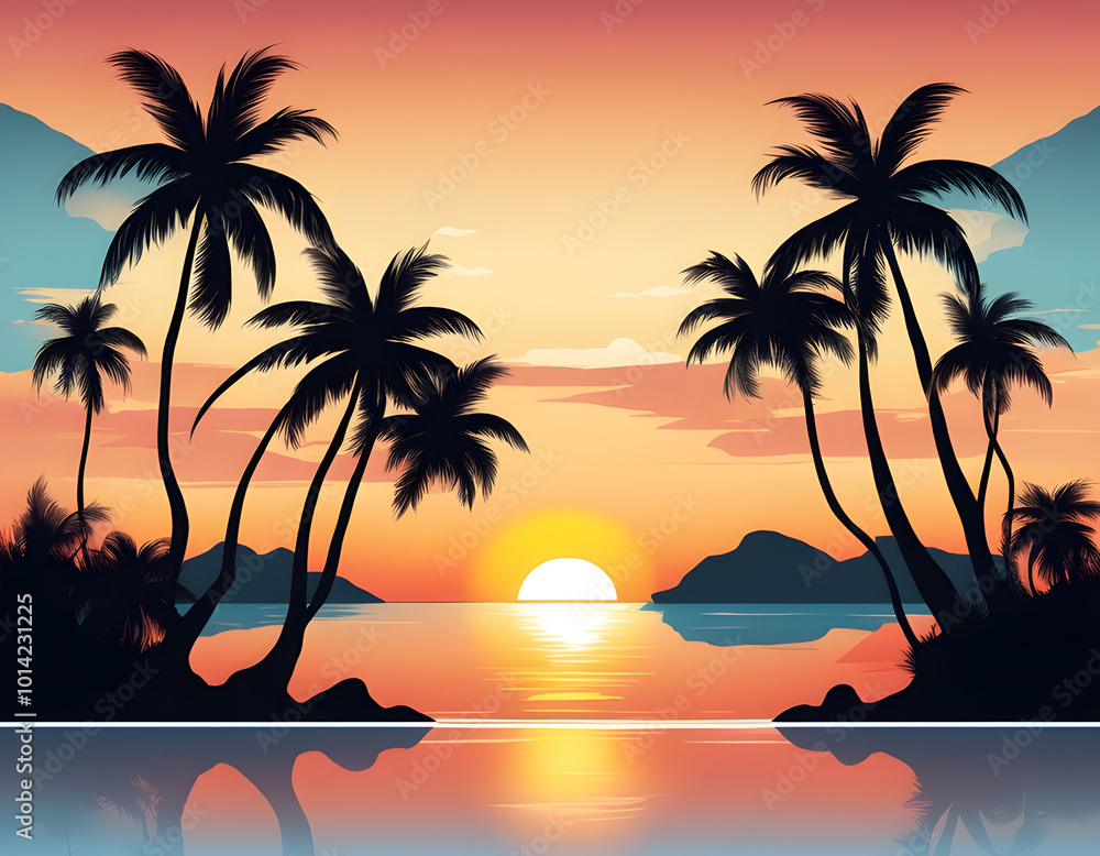 Obraz premium Tropical sunset with sea, island, palm trees and wonderful evening sky with clouds background