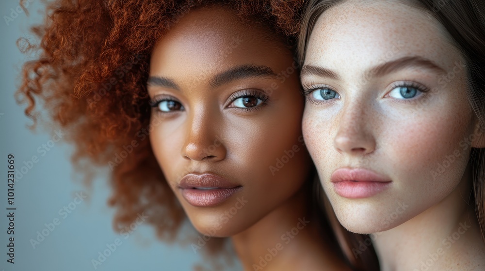 Portrait of multiracial women in studio looking at camera over grey background. Generative AI Portrait of multiracial women in studio looking at camera over grey background. Generative AI