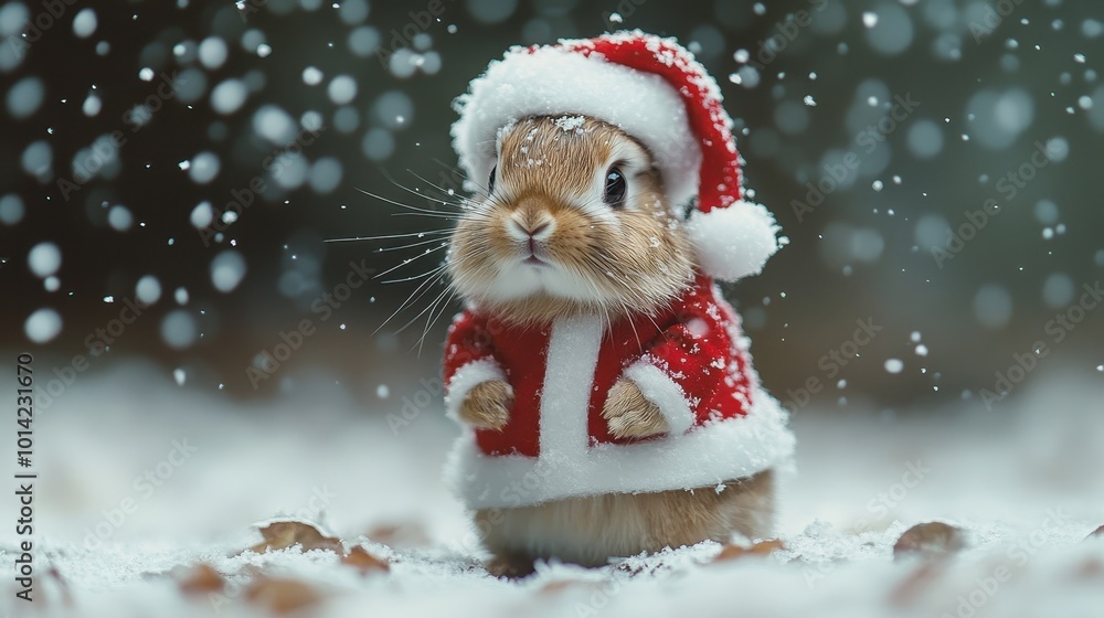 Little tiny bunny dressed up as Santa Claus on snowing Little tiny bunny dressed up as Santa Claus on snowing