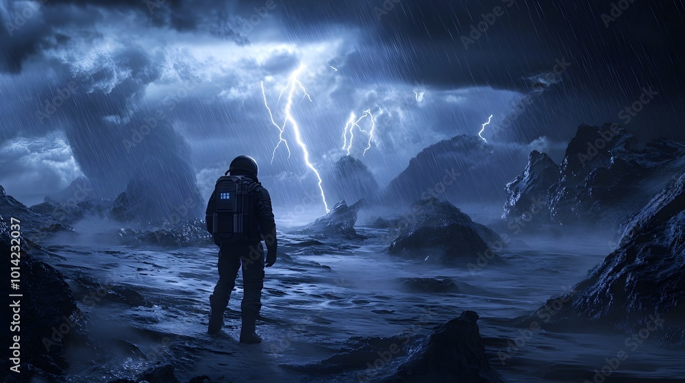 Hostile Arrival. A futuristic spaceman arrives onto a stormy planet surface. Conceptual 3D illustration. Hostile Arrival. A futuristic spaceman arrives onto a stormy planet surface. Conceptual 3D illustration.