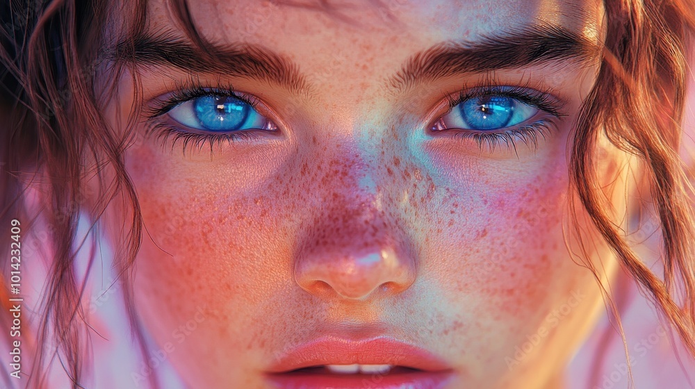 Fototapeta premium Generative AI illustration of close-up of a young woman with freckles, tousled hair, and blue eyes against a pastel background