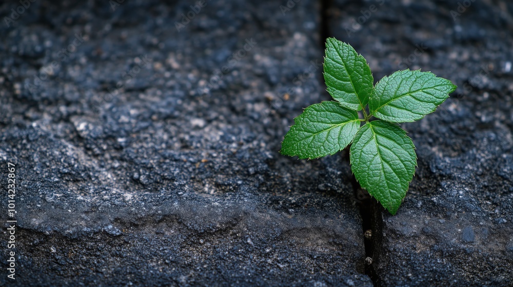 Small green plant growing through a crack in dark, rugged pavement symbolizing resilience, hope, and growth in tough environments. Overcoming adversity concept Small green plant growing through a crack in dark, rugged pavement symbolizing resilience, hope, and growth in tough environments. Overcoming adversity concept