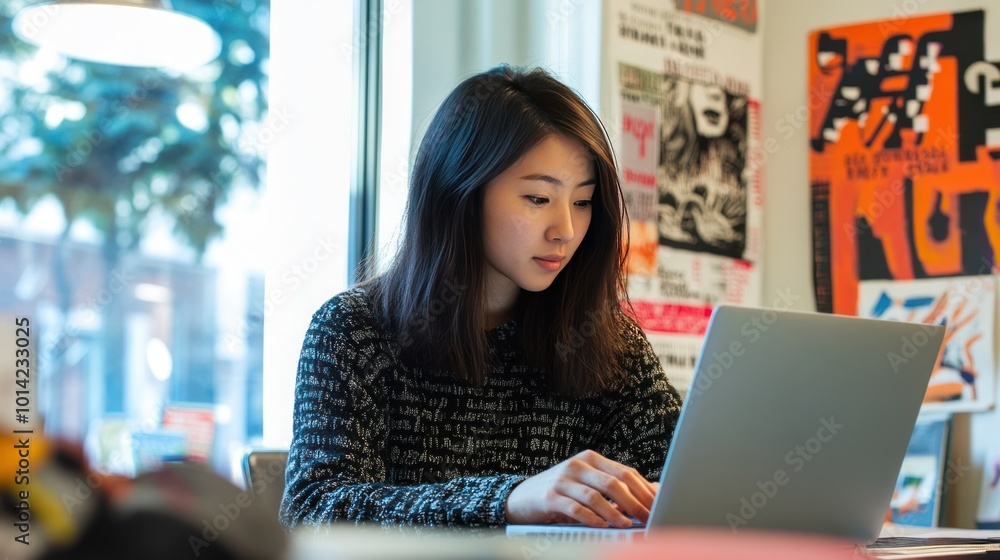 Driven Asian Businesswoman Innovates in Sunlit Modern Workspace Driven Asian Businesswoman Innovates in Sunlit Modern Workspace