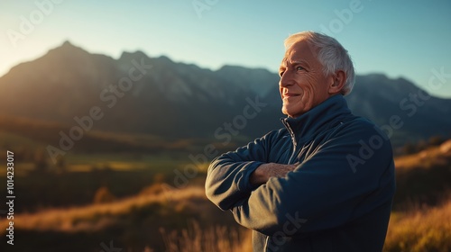 Senior Man Jogging in Sunlit Park, Active Lifestyle and Vibrant Nature