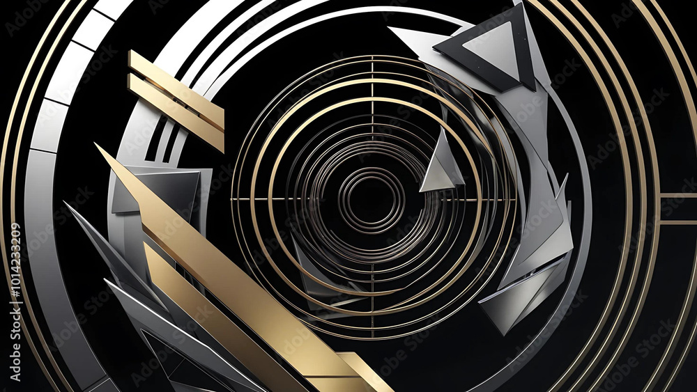 Fototapeta premium Futuristic Geometric Abstract: Metallic Gold and Silver Shapes