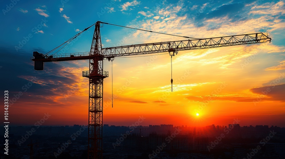 Silhouette of construction site crane on a sunset sky, symbolizing industry and urban development. This scene highlights the role of engineering and machinery in building projects and infrastructure Silhouette of construction site crane on a sunset sky, symbolizing industry and urban development. This scene highlights the role of engineering and machinery in building projects and infrastructure