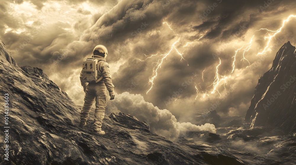 Hostile Arrival. A futuristic spaceman arrives onto a stormy planet surface. Conceptual 3D illustration. Hostile Arrival. A futuristic spaceman arrives onto a stormy planet surface. Conceptual 3D illustration.