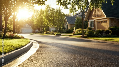 Serene neighborhood street at sunrise.