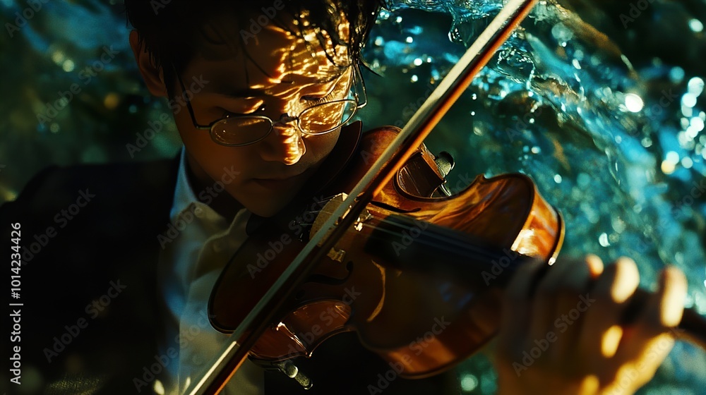 Fototapeta premium Violinist Playing in the Water: A Dramatic Portrait