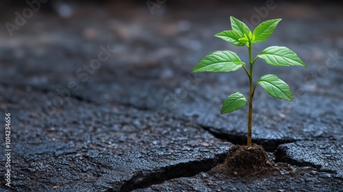 Young green plant growing through a crack in dark, dry ground symbolizing resilience and hope in harsh conditions. Overcoming obstacles concept