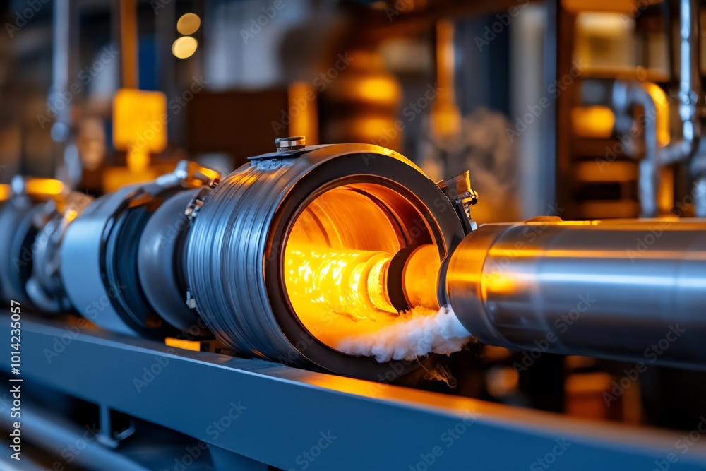 Obraz premium Interstellar warp drive core glowing in a dimly lit engine room, surrounded by steam and pipes, ready for space travel