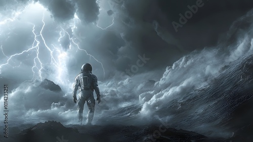 Hostile Arrival. A futuristic spaceman arrives onto a stormy planet surface. Conceptual 3D illustration. 