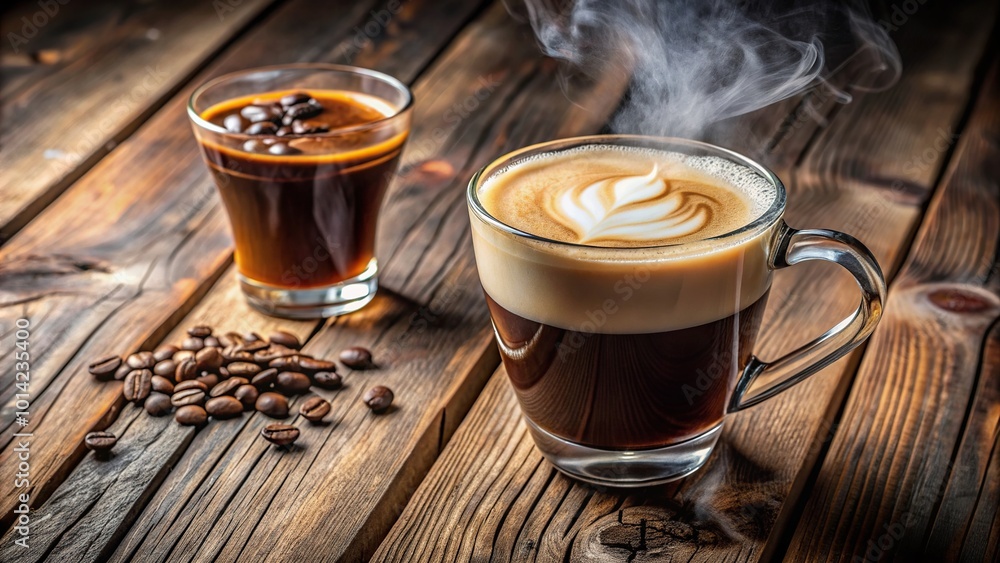 rustic, A close up view of a steaming hot cappuccino coffee and a refreshing iced black coffee served on a rustic wooden table captured from a unique worm s eye perspective rustic, A close up view of a steaming hot cappuccino coffee and a refreshing iced black coffee served on a rustic wooden table captured from a unique worm s eye perspective