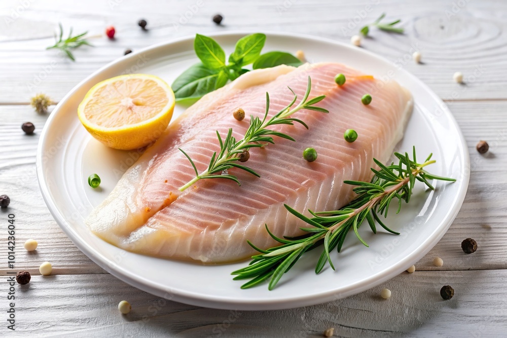 fresh rosemary, filet, marinated fish, garnish, fresh basil, Marinated fish filet on a white plate garnished with fresh rosemary and basil leaves fresh rosemary, filet, marinated fish, garnish, fresh basil, Marinated fish filet on a white plate garnished with fresh rosemary and basil leaves