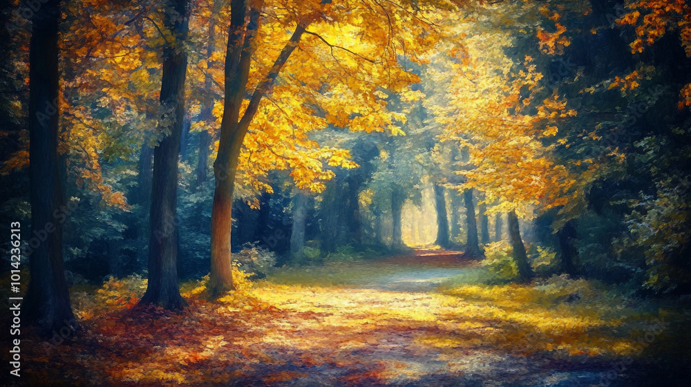 Fototapeta premium A serene autumn pathway through a vibrant forest filled with golden leaves at midday