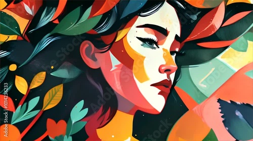 vibrant illustration of woman surrounded by colorful abstract foliage, celebrating Womens Day with sense of empowerment and beauty.