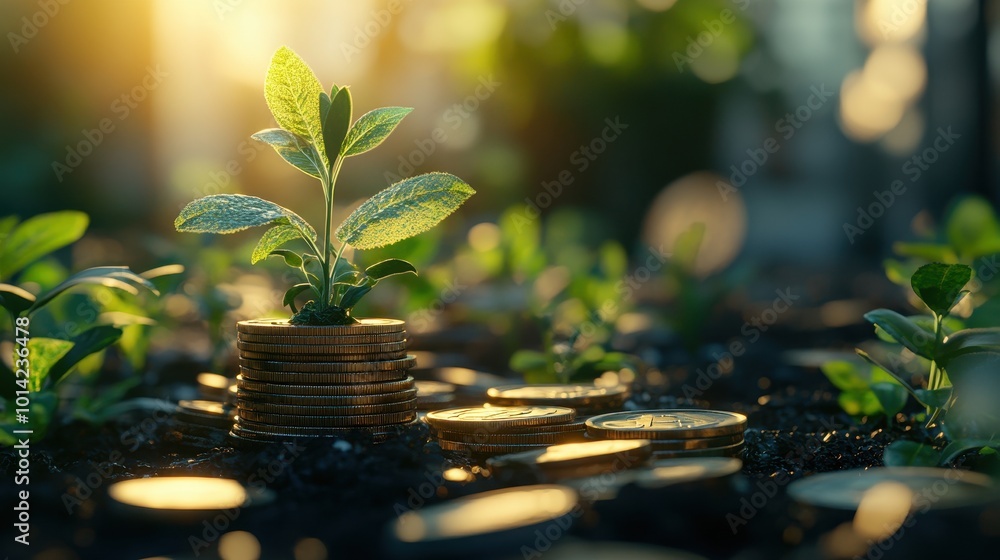 Coins stacked with a plant growing, representing investment and financial growth.,3D illustration Coins stacked with a plant growing, representing investment and financial growth.,3D illustration