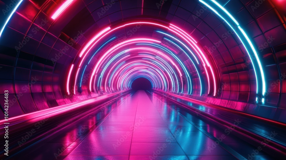 Neon streaks create a futuristic tunnel effect. Neon streaks create a futuristic tunnel effect.